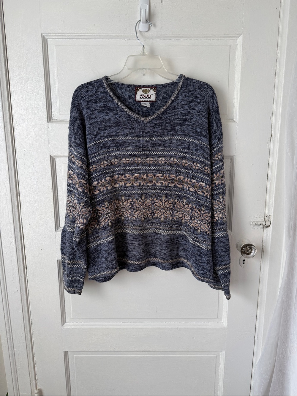Tiara International Sweater Womens XL Blue Fair Isle Nordic V Neck Cotton Ramie